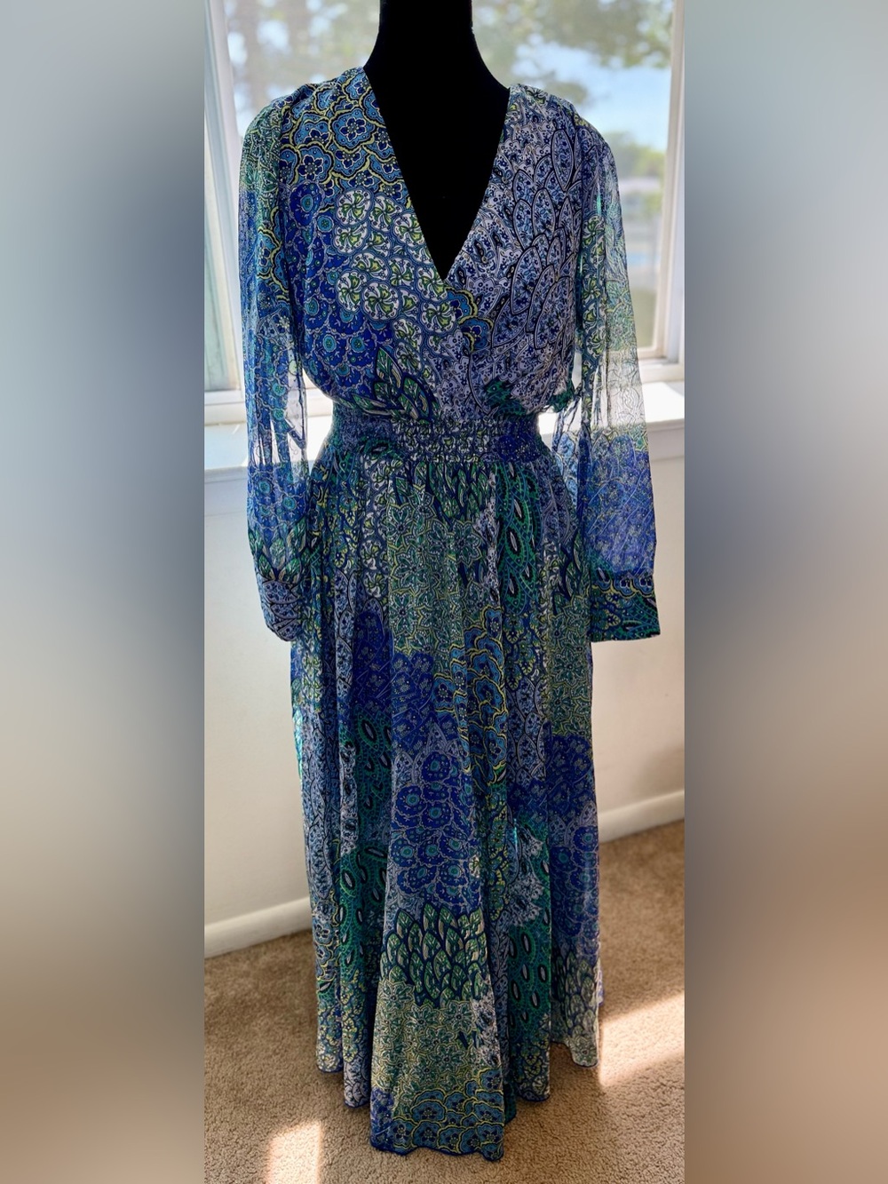 Alexa B Nite maxi blue green paisley dress resort chic party petite size 6 - Picture 3 of 12